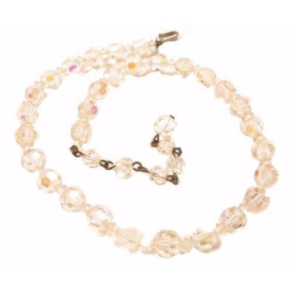 Vintage Aurora Borealis Glass Crystal Faceted Bead Choker Necklace*14.75"‎